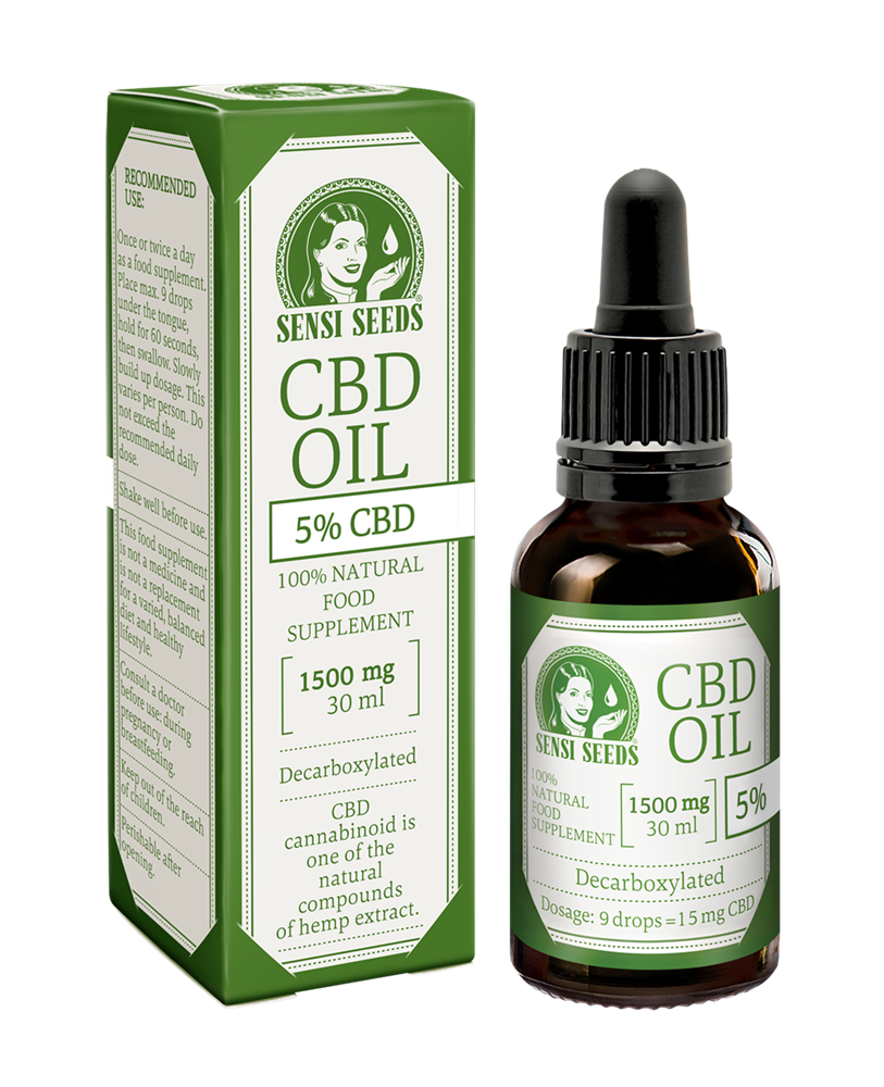 En 30 ml flaske Sensi Seeds 5% CBD Oil inneholder 1500 mg CBD (cannabidiol).